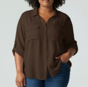 Jennifer Lauren Women's Black V-Neck Roll Sleeve Button Up Shirt 4X